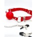 Кляп DS Fetish Ball gag with nipple clamps red