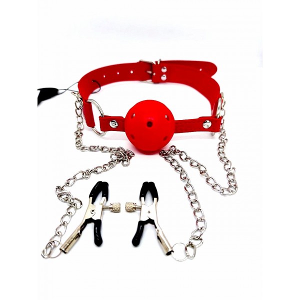 Кляп DS Fetish Ball gag with nipple clamps red