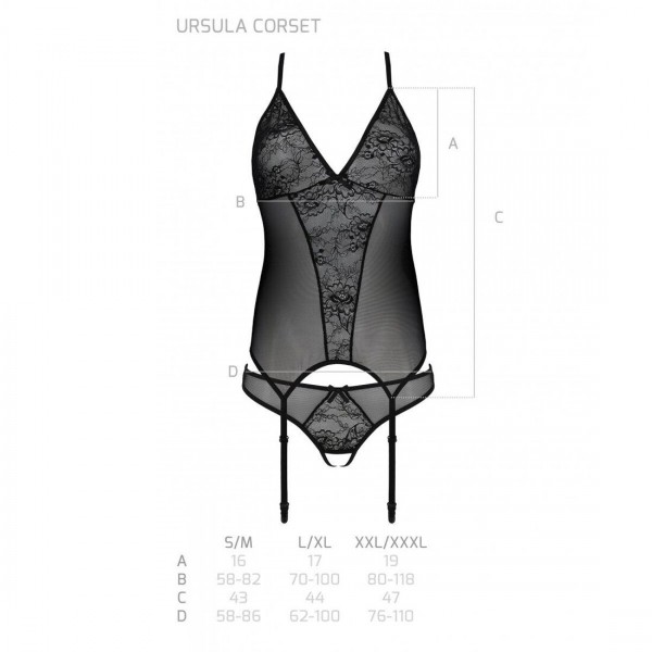 Корсет із пажами, трусики з ажурним декором та відкритим кроком Passion Ursula Corset black L/XL